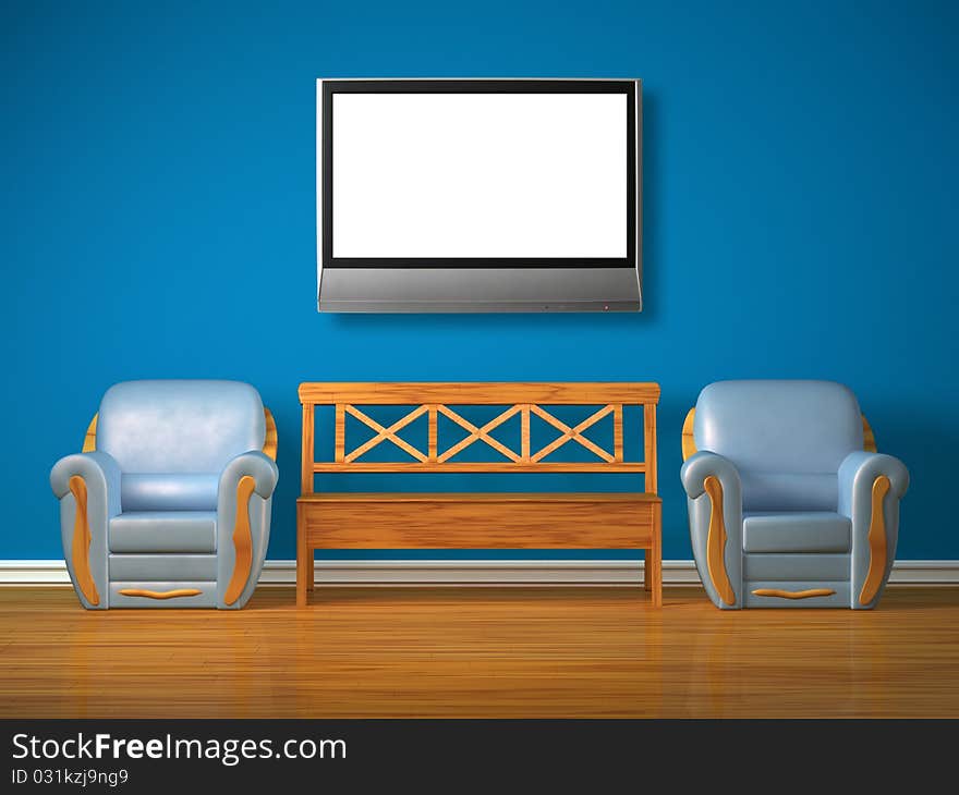 Two chairs with wooden bench and lcd tv in blue interior