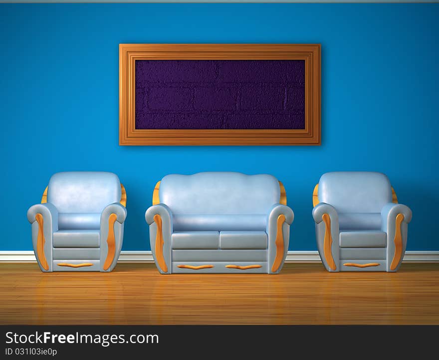 Two blue chairs with couch and frame in interior