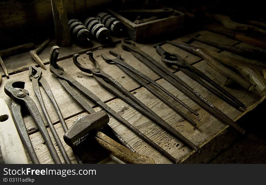 Some old tools in a historic village (the Bunge museum) in Bunge gotland, sweden