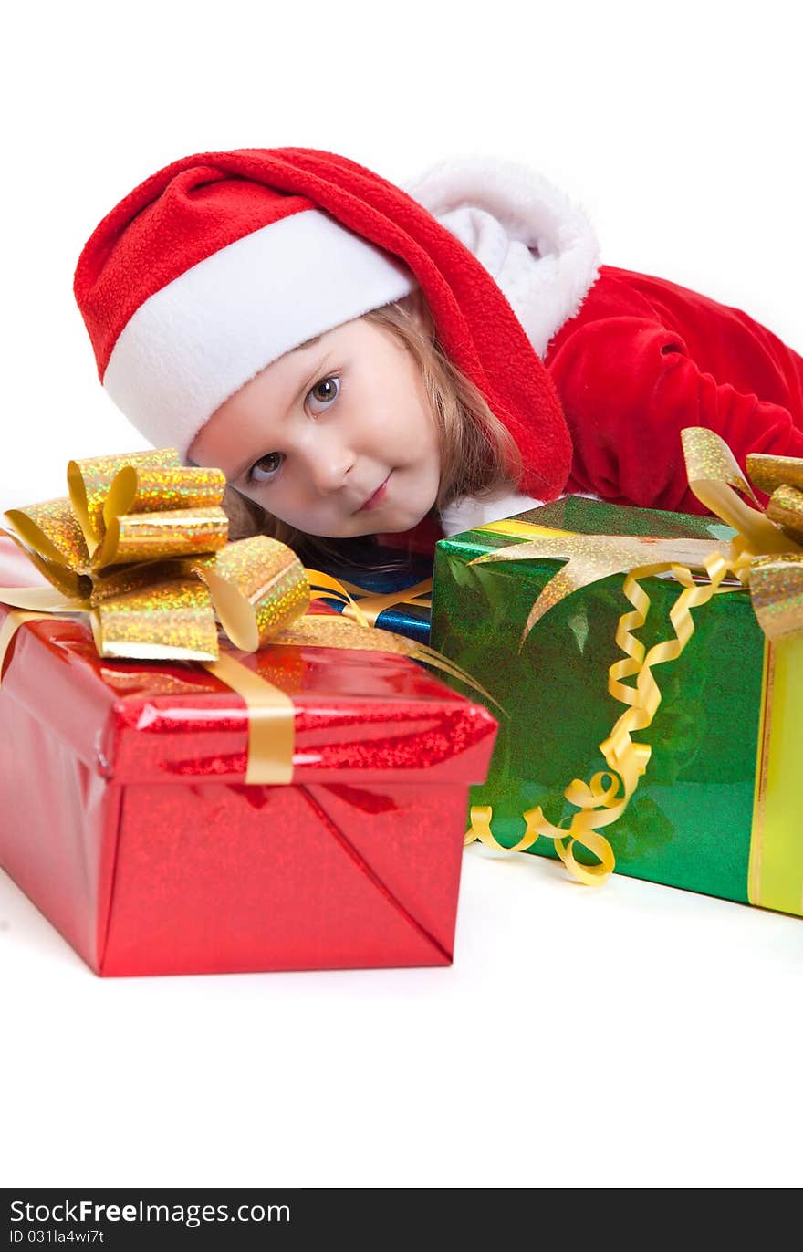 Lovely little Santa with gifts on white background