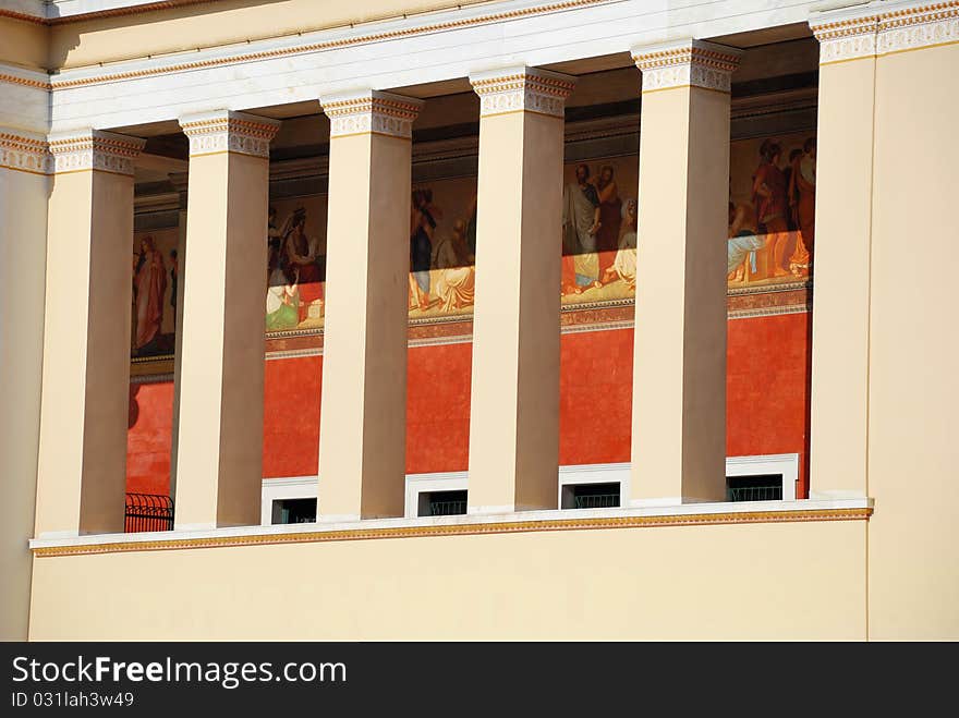 Detail of the main building of The University of Athens (which is presently also known as The National and Kapodistirian University of Athens). The building is located between the Akadimias street and Panepistimiou street. Detail of the main building of The University of Athens (which is presently also known as The National and Kapodistirian University of Athens). The building is located between the Akadimias street and Panepistimiou street.