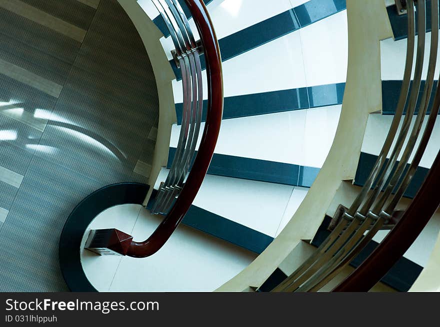 A perspective view of a winding staircase