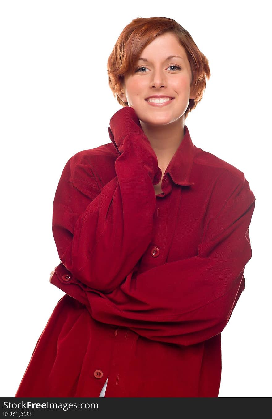 Pretty Red Haired Girl Wearing a Warm Red Corduroy Shirt Isolated on a White Background.