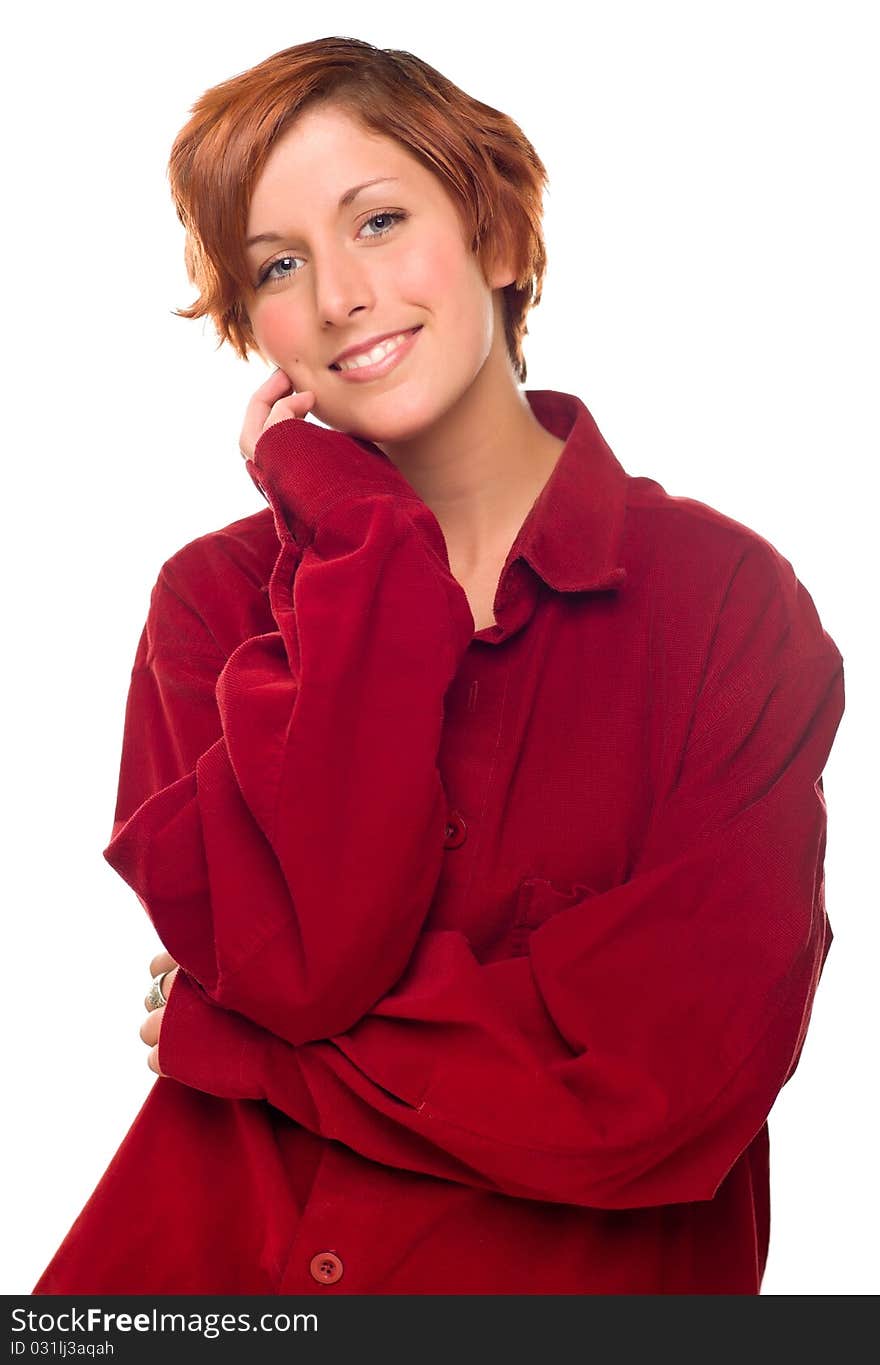 Pretty Red Haired Girl Wearing a Warm Red Corduroy Shirt Isolated on a White Background.