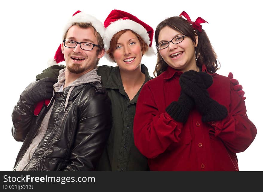 Three Friends Wearing Warm Holiday Attire Isolated on a White Background.