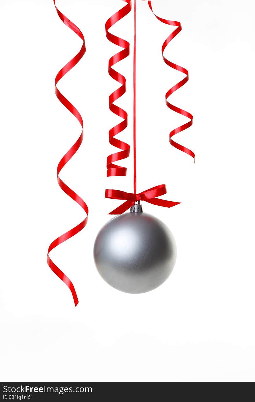 Christmas balls hanging with ribbons on white background