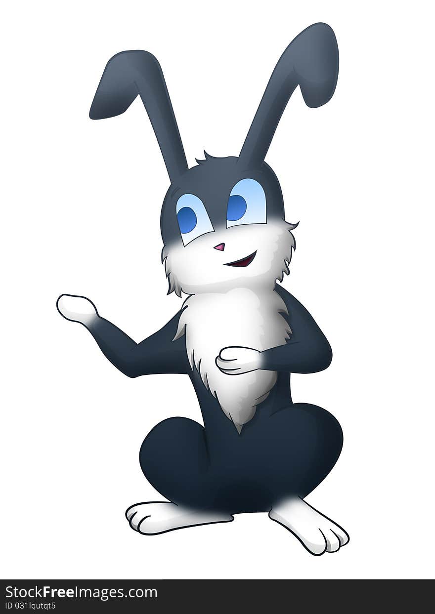 Grey smiling bunny on a white background. Indicates paw. Grey smiling bunny on a white background. Indicates paw