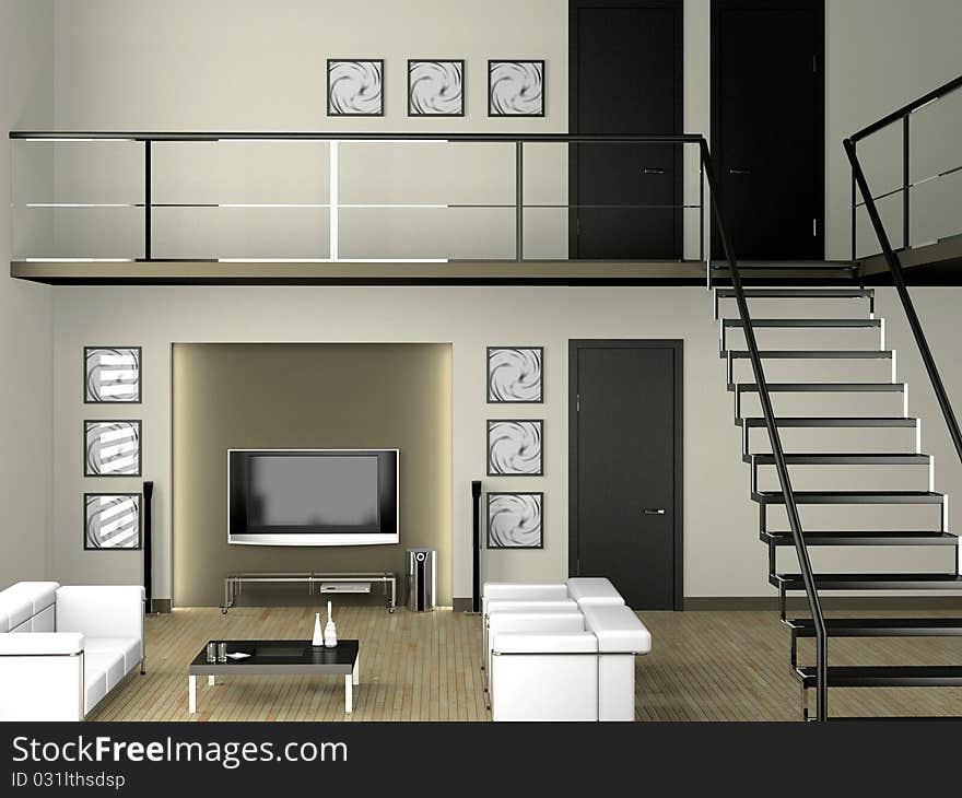 Modern interior of a living room  3D. Modern interior of a living room  3D