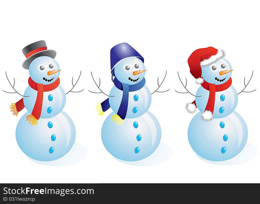 Three isolated snowman on a white background. Vector. Three isolated snowman on a white background. Vector.