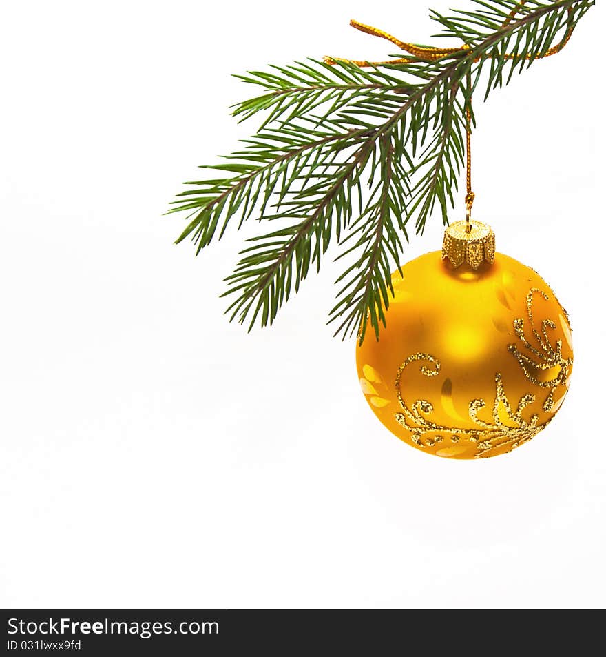 Christmas decoration yellow ball on white background