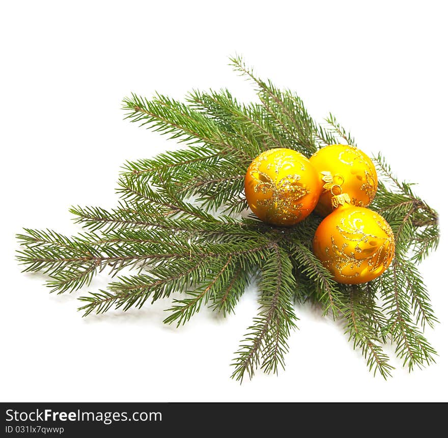 Christmas decoration yellow balls on white background