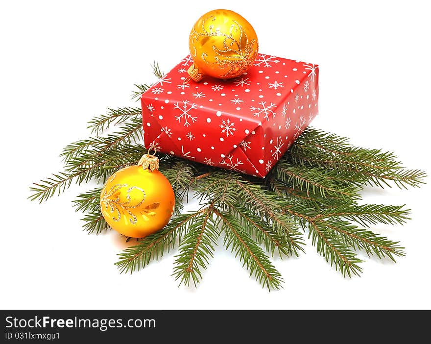 Gift boxes and christmas balls on white background. Gift boxes and christmas balls on white background