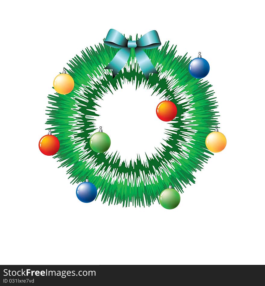 Christmas wreath with colored balloons and a blue ribbon on a white background. Christmas wreath with colored balloons and a blue ribbon on a white background.