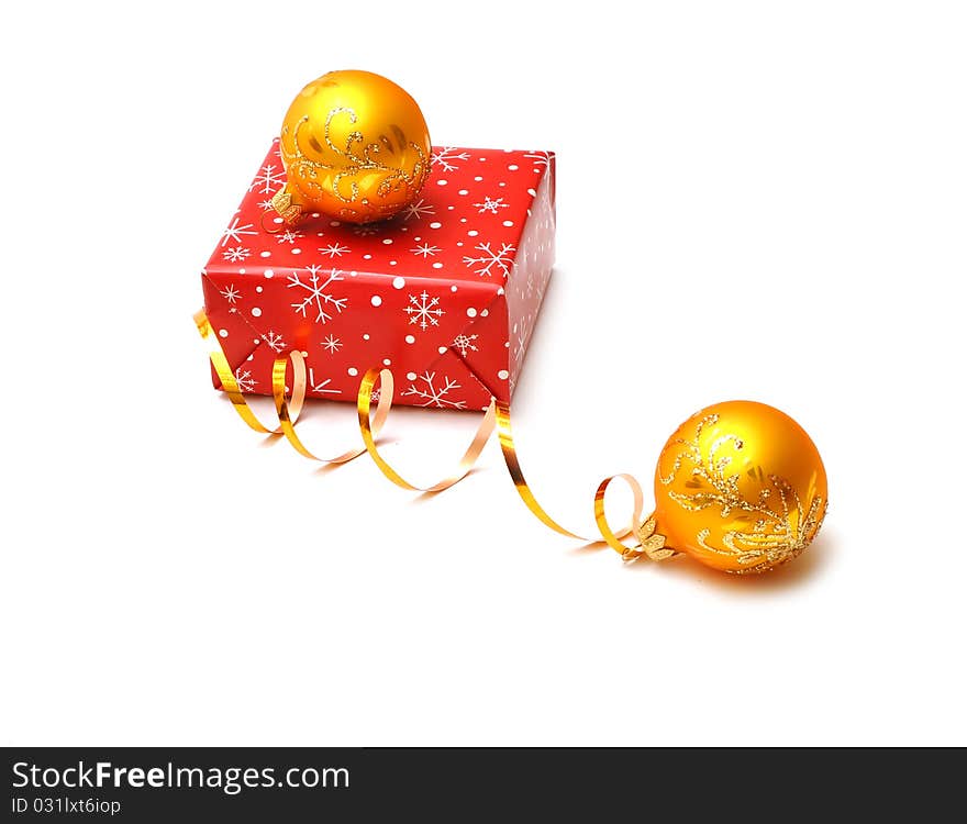 Christmas decoration yellow balls and gift box