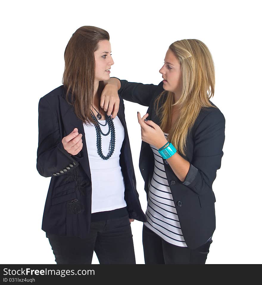 Young business teenaged girls isolated over white background. Young business teenaged girls isolated over white background