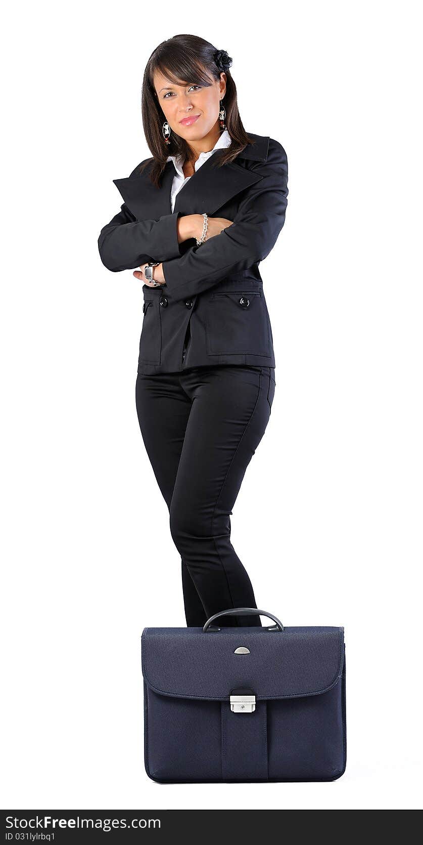 Woman standing crossed hands on white background. Woman standing crossed hands on white background