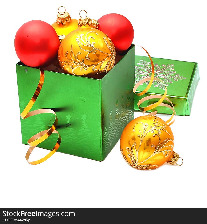 Christmas decoration yellow and red balls in gift box