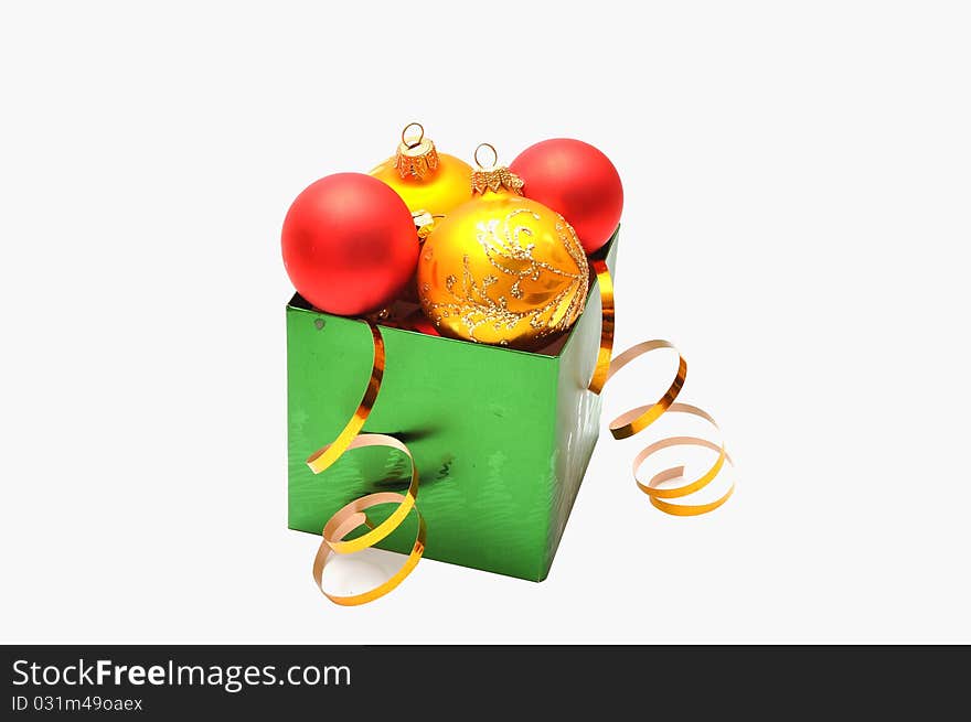 Christmas decoration yellow and red balls in gift box