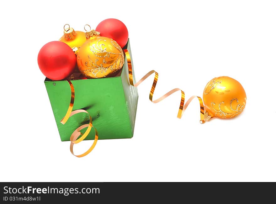 Christmas decoration yellow and red balls in gift box