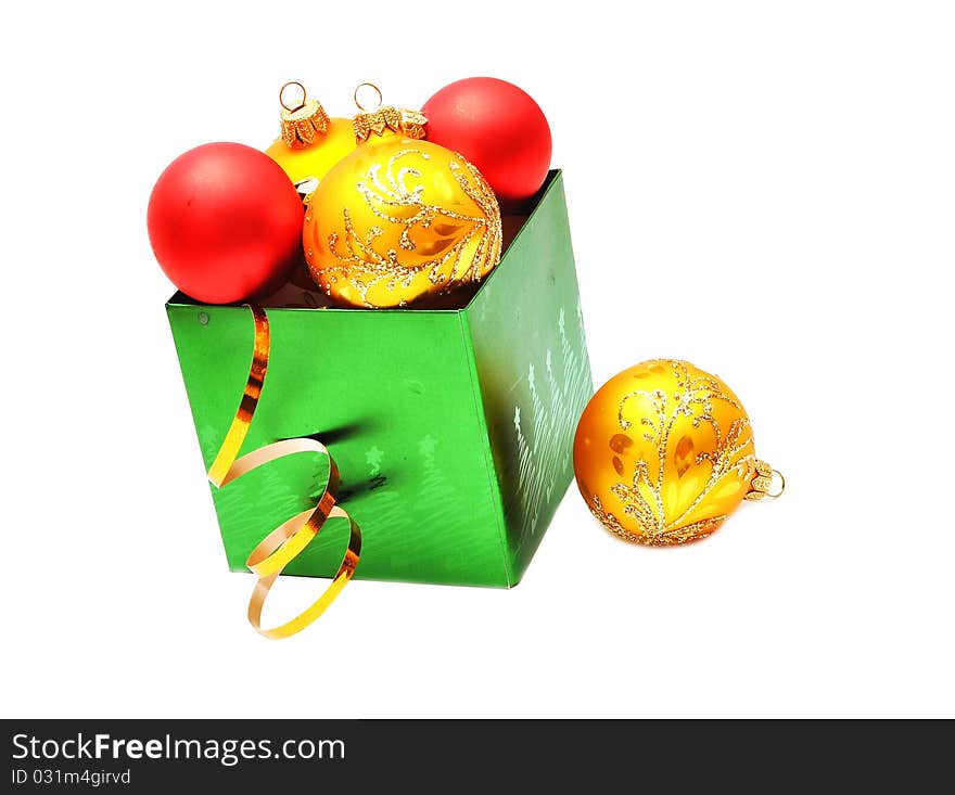 Christmas decoration yellow and red balls in gift box