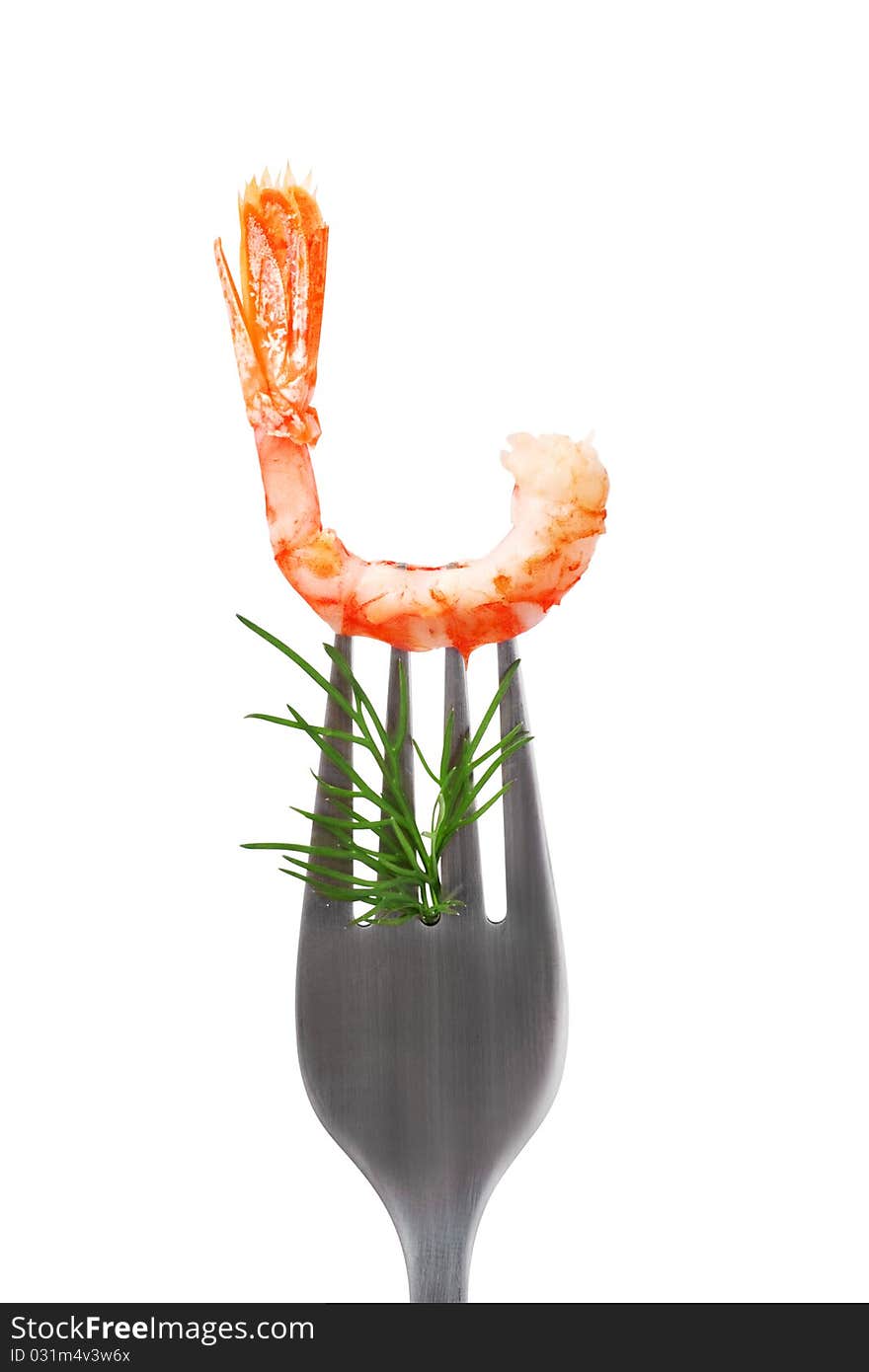 Shrimp on fork over white background + Clipping Path