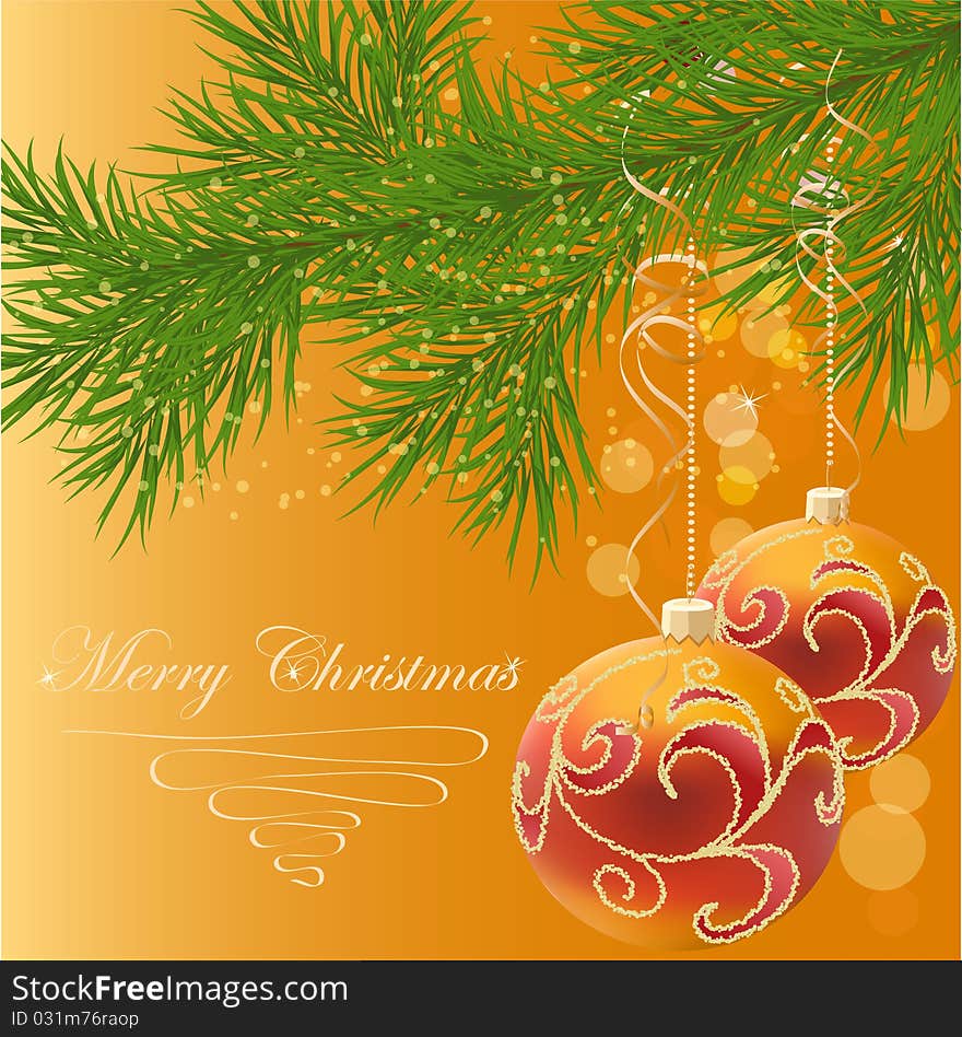 Red christmas balls on green New Year's tree vector background