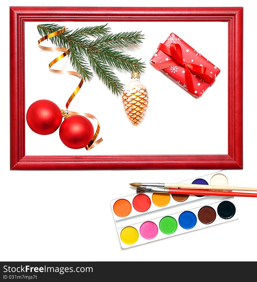 Christmas presents in wood frame on white