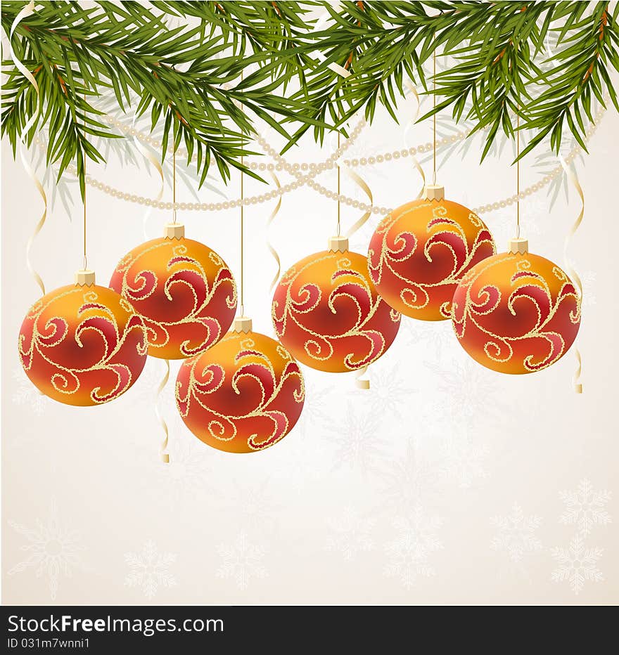 Red and gold Christmas ball on New year tree, vector illustration