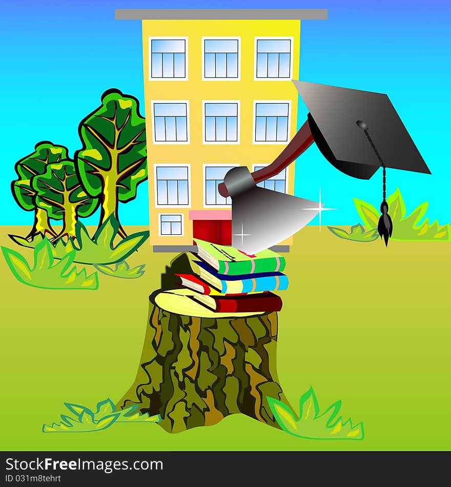 Books with axe and graduation cap are on stub near school. Books with axe and graduation cap are on stub near school