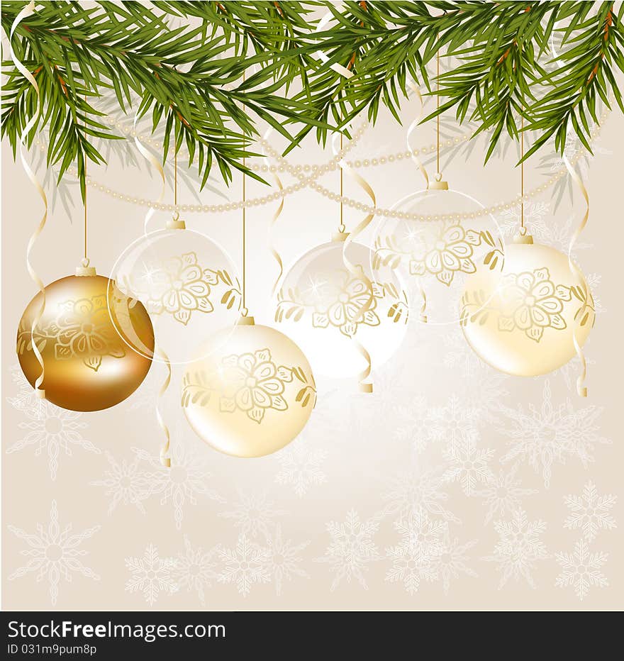 Gold end white transparent Christmas ball on Christmas background, vector illustration