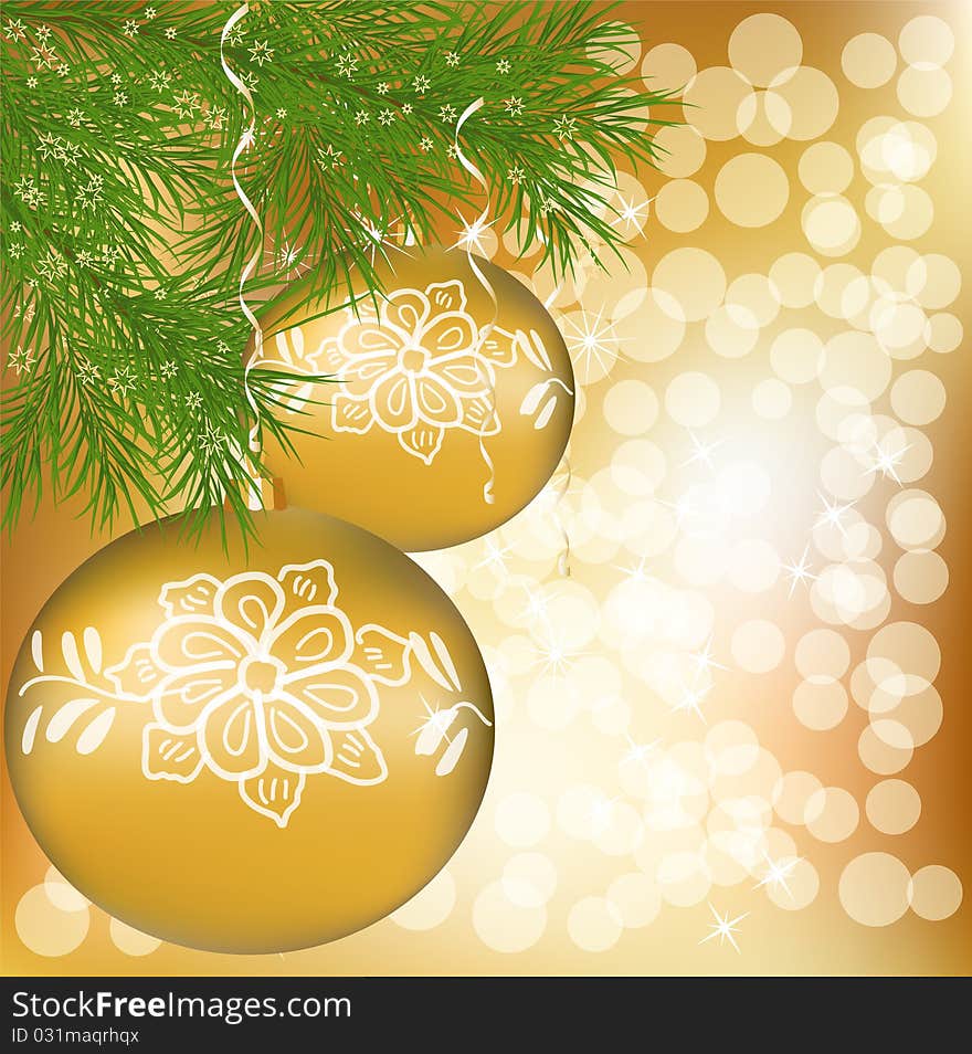 Vector Christmas ball with green new year tree on abstract golden lights background