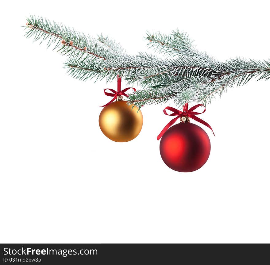 Christmas baubles with curly ribbon on christmas tree isolated on white. Christmas baubles with curly ribbon on christmas tree isolated on white