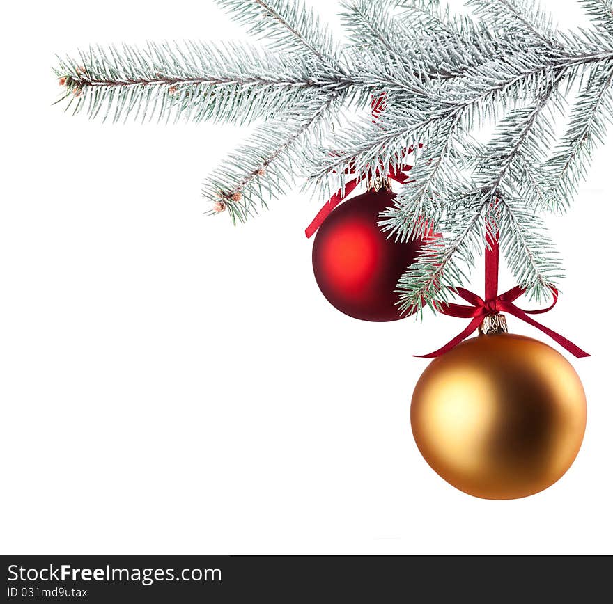 Christmas baubles with curly ribbon on christmas tree isolated on white. Christmas baubles with curly ribbon on christmas tree isolated on white