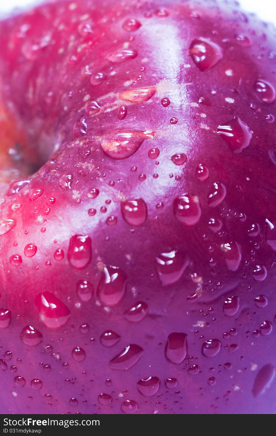 Close up of a red apple with water drops