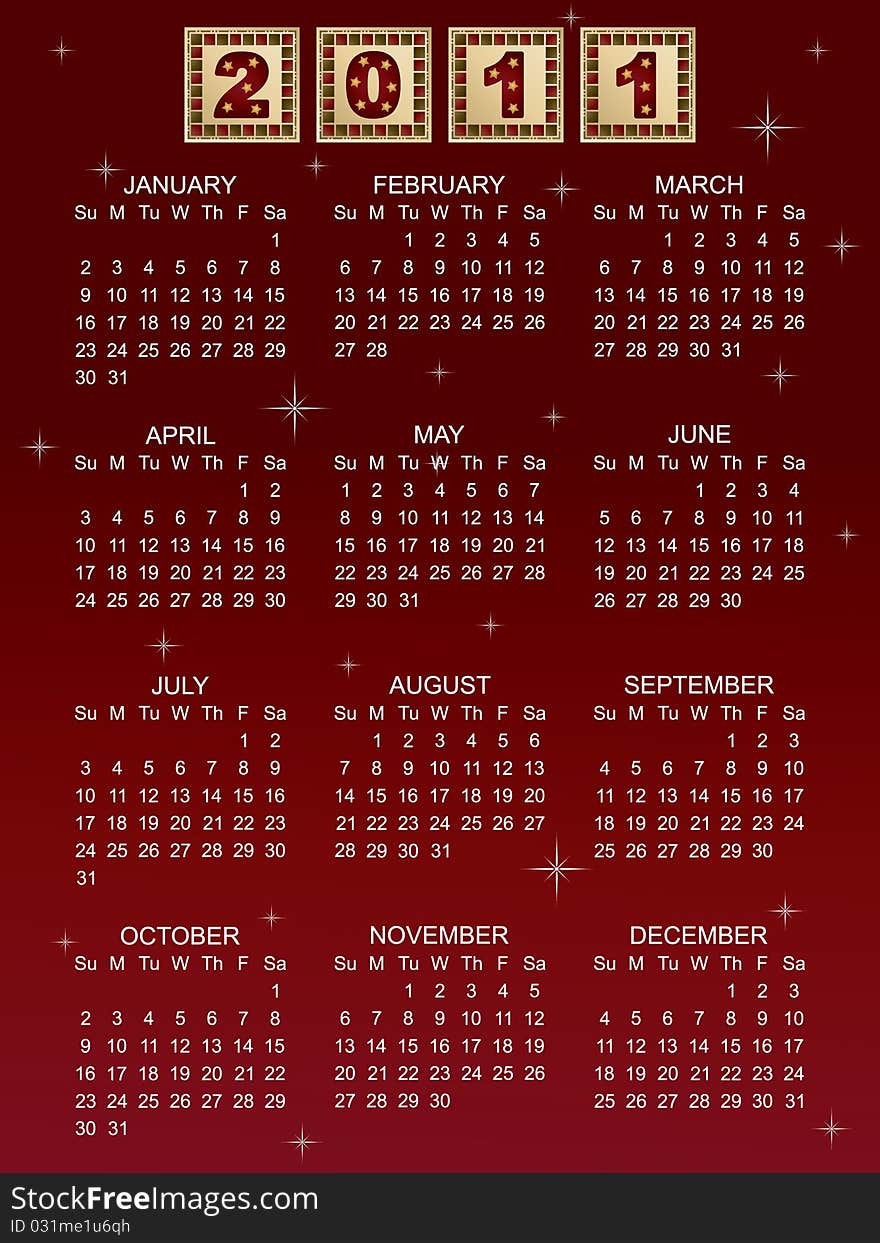 Calender for 2011 on red sparkle background