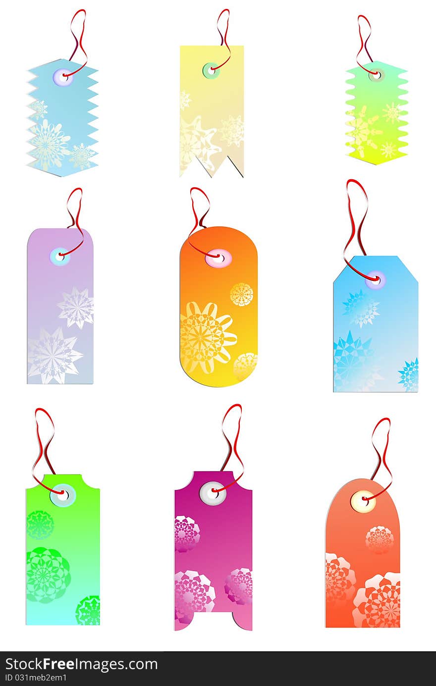 A set of blank tags with red string decorated with snowflakes or stylized flowers isolated on white with shadow. A set of blank tags with red string decorated with snowflakes or stylized flowers isolated on white with shadow