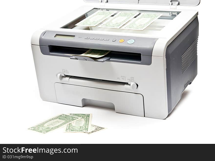 Grey computer laser printer and dollars isolated on white background. Grey computer laser printer and dollars isolated on white background