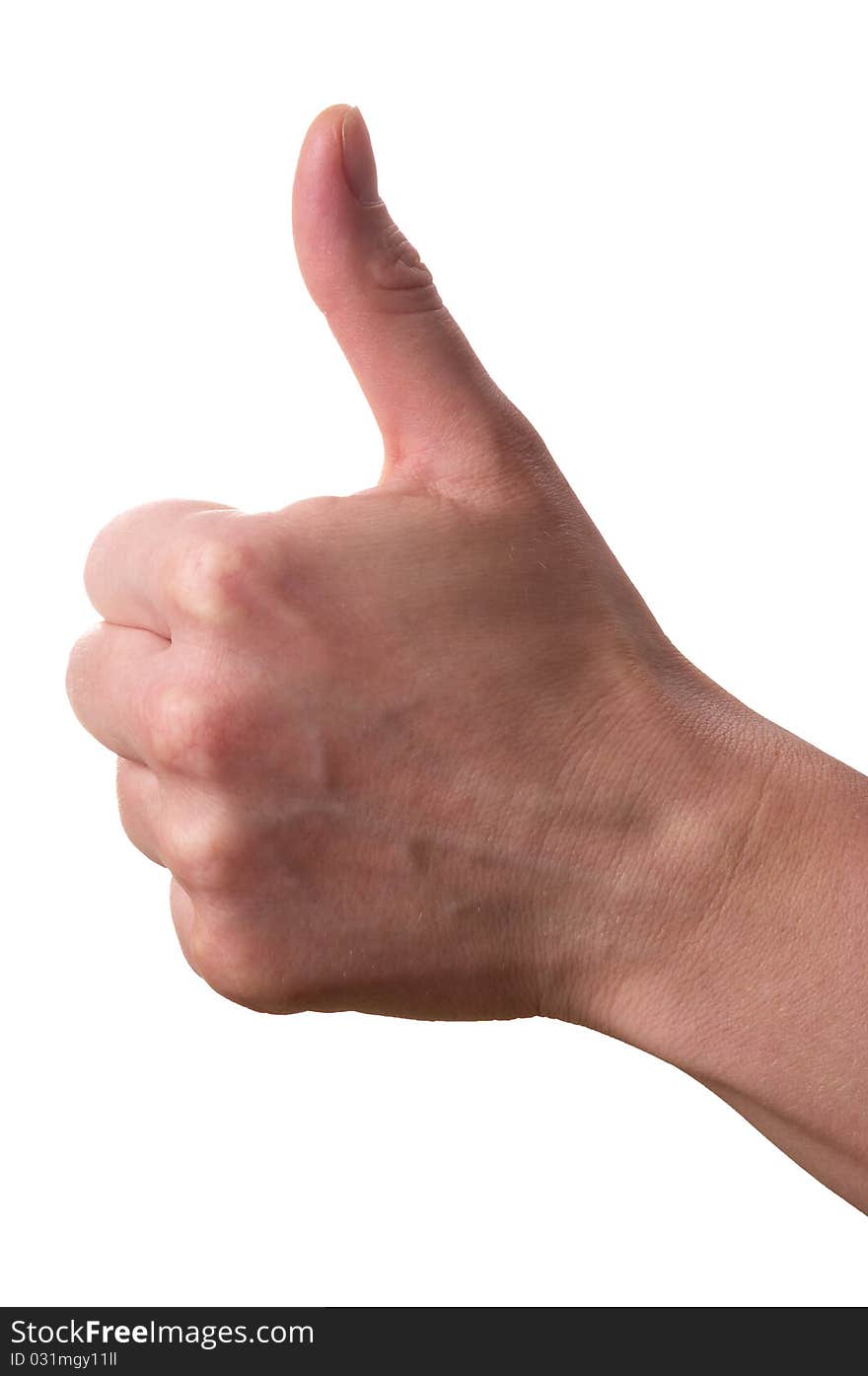 Thumb up gesturing hand macro shot isolated over white background