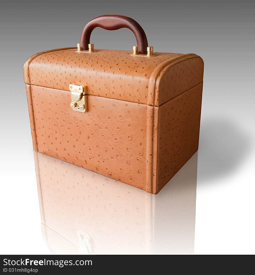 Brown leather box for cosmetic or jewelery on the white reflect floor