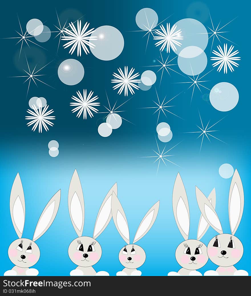 Grey rabbits look at snowflakes, bubbles and stars. Grey rabbits look at snowflakes, bubbles and stars