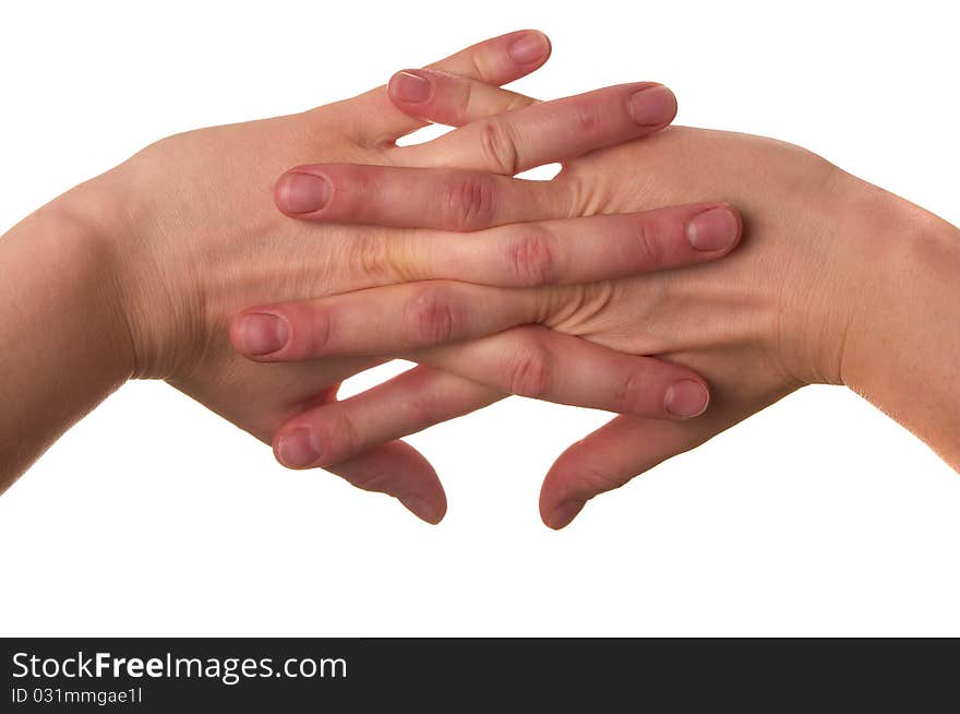 Relaxing gesture macro shot isolated over white background