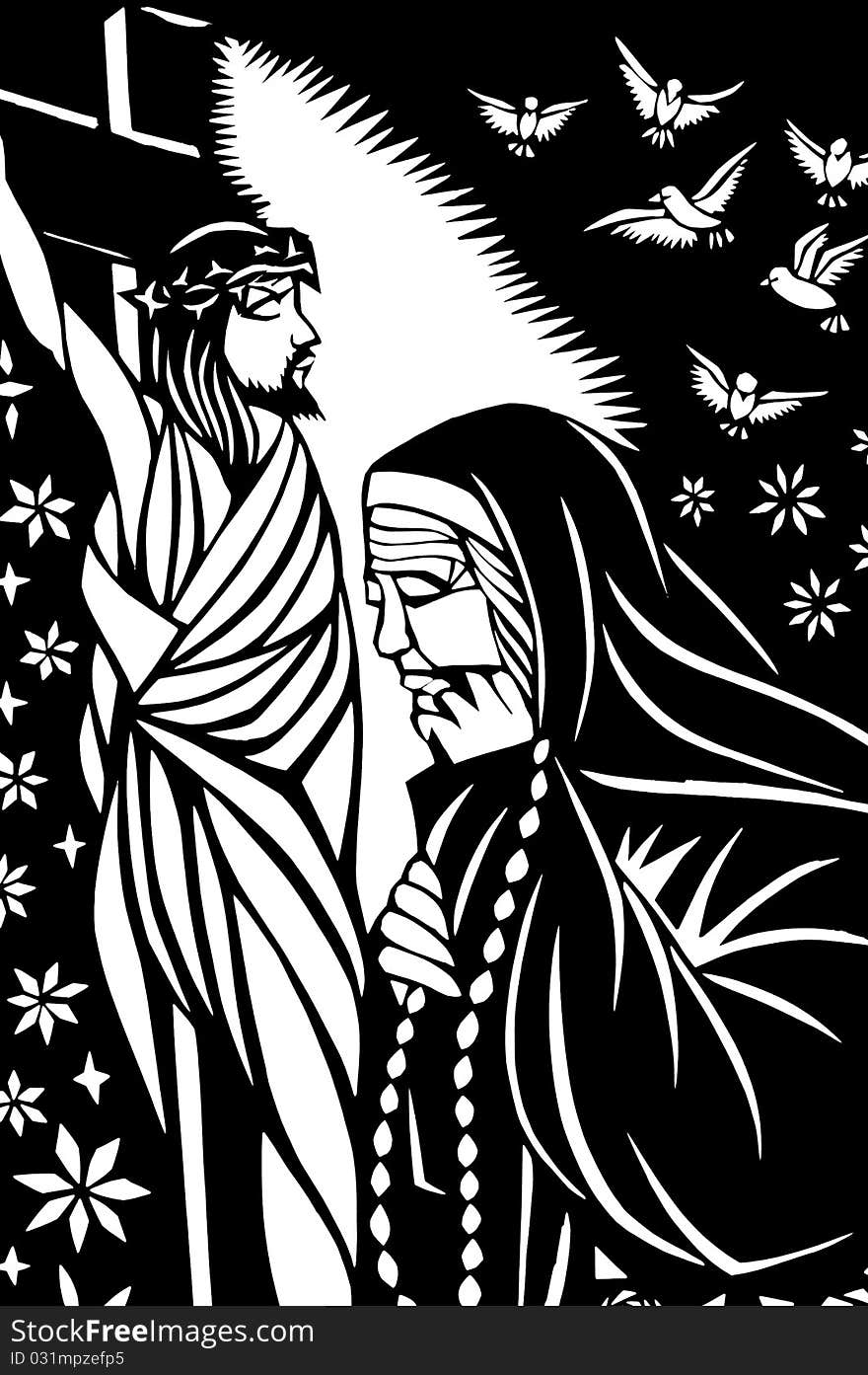 Paper-cutting of Jesus with a sister in black-and-white