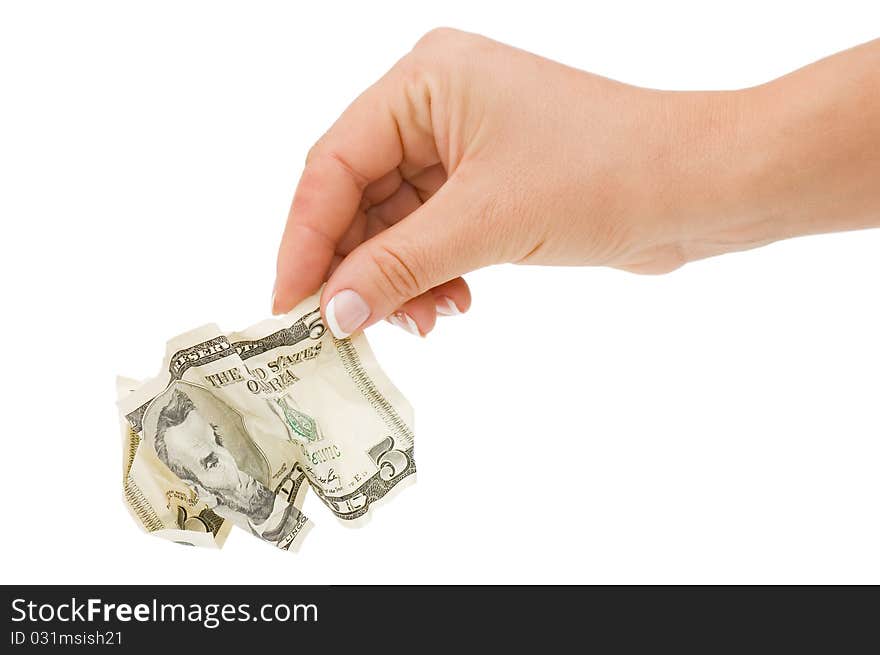 Woman throws the crumpled banknote of dollar over white