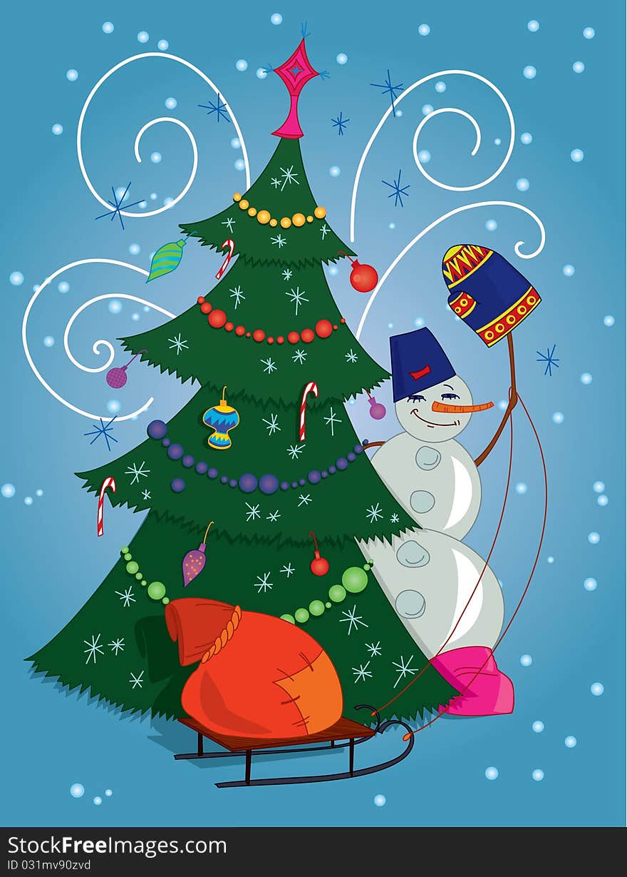 Snowman with red gift bag and Christmas tree