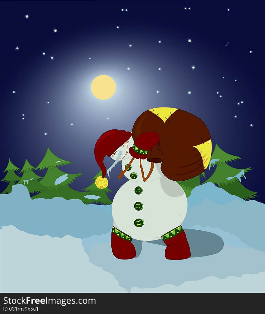 Snowman With Gift Bag In The Night