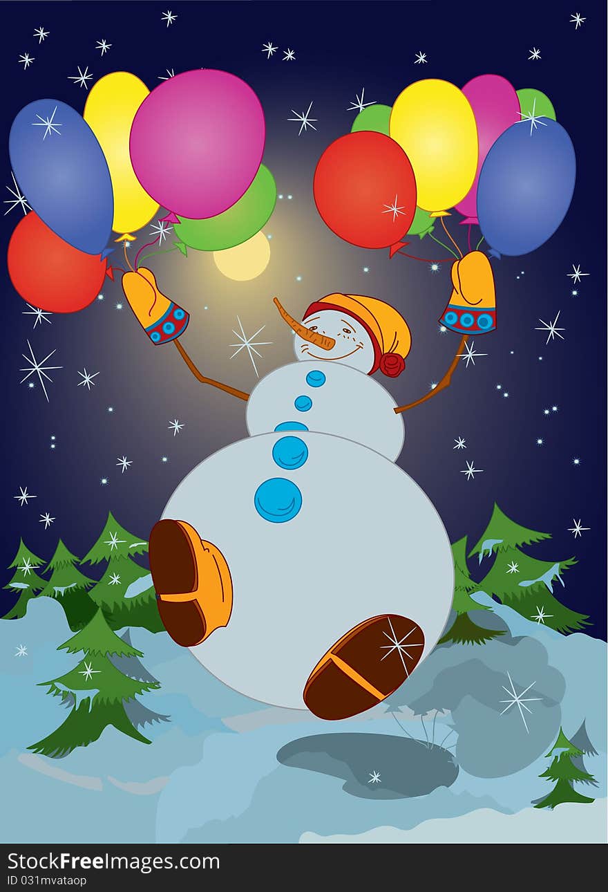 Snowman with colorful balloons