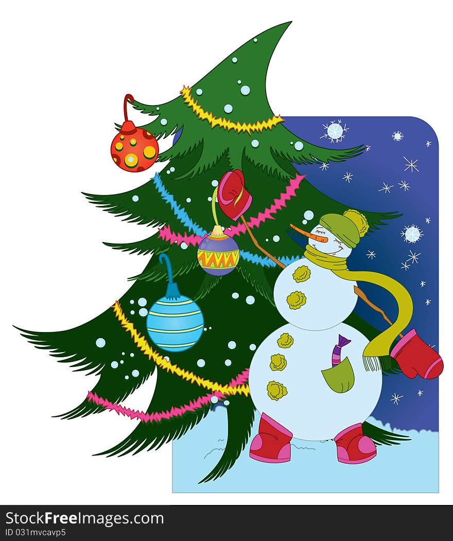 Snowman With Ball And Christmas Tree