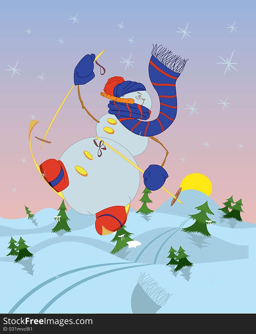 Snowman in mittens and hat skiing in the morning. Snowman in mittens and hat skiing in the morning