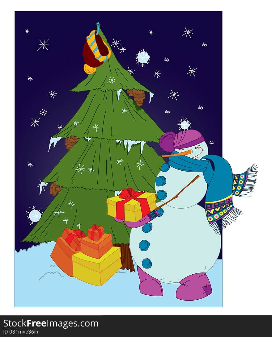 Snowman With Presents And Christmas Tree