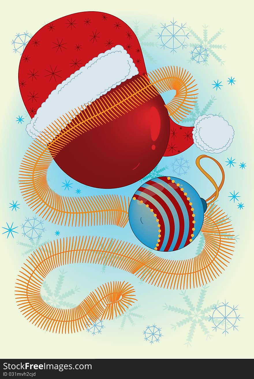 Christmas balls and Santa Claus hat on snowflake background